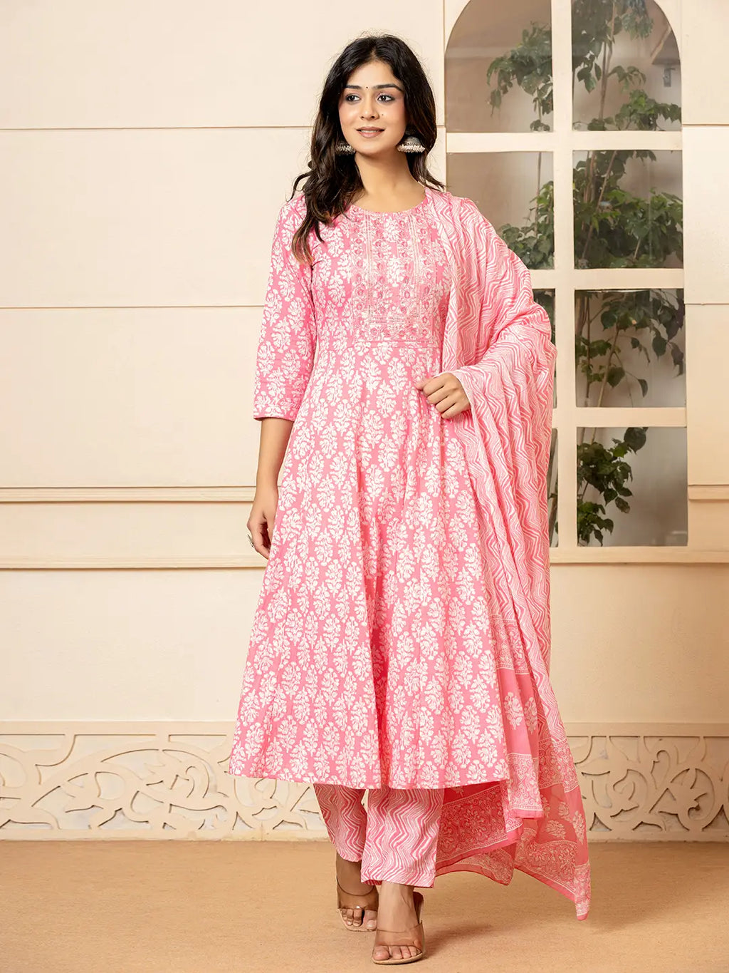 Yufta Pink Embroidered Pure Cotton Anarkali Kurta Trouser With Dupatta Set