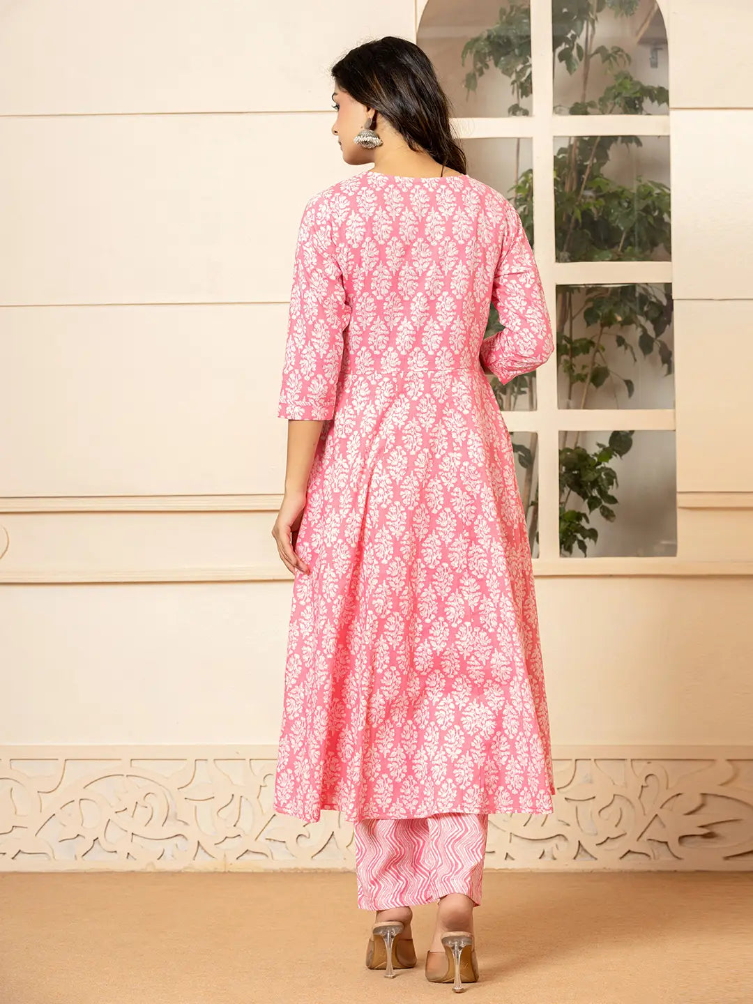 Yufta Pink Embroidered Pure Cotton Anarkali Kurta Trouser With Dupatta Set