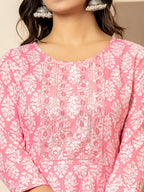 Yufta Pink Embroidered Pure Cotton Anarkali Kurta Trouser With Dupatta Set