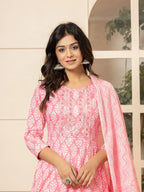 Yufta Pink Embroidered Pure Cotton Anarkali Kurta Trouser With Dupatta Set