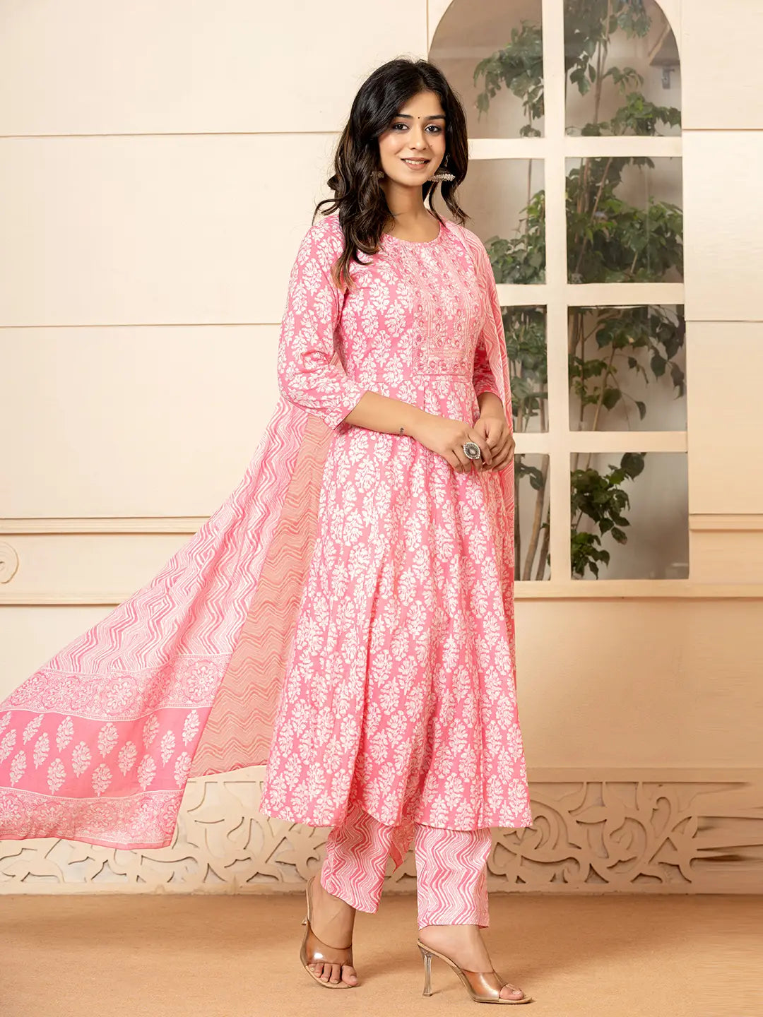 Yufta Pink Embroidered Pure Cotton Anarkali Kurta Trouser With Dupatta Set