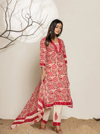 Yufta Pink Embroidered Thread Work Pure Cotton Kurta Trousers & Dupatta