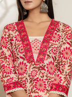 Yufta Pink Embroidered Thread Work Pure Cotton Kurta Trousers & Dupatta
