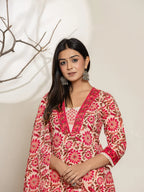 Yufta Pink Embroidered Thread Work Pure Cotton Kurta Trousers & Dupatta