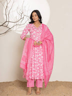 Yufta Pink Embroidery Cotton Anarkali Suit Set