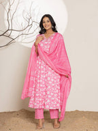 Yufta Pink Embroidery Cotton Anarkali Suit Set