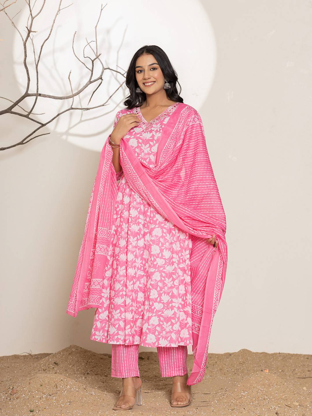 Yufta Pink Embroidery Cotton Anarkali Suit Set