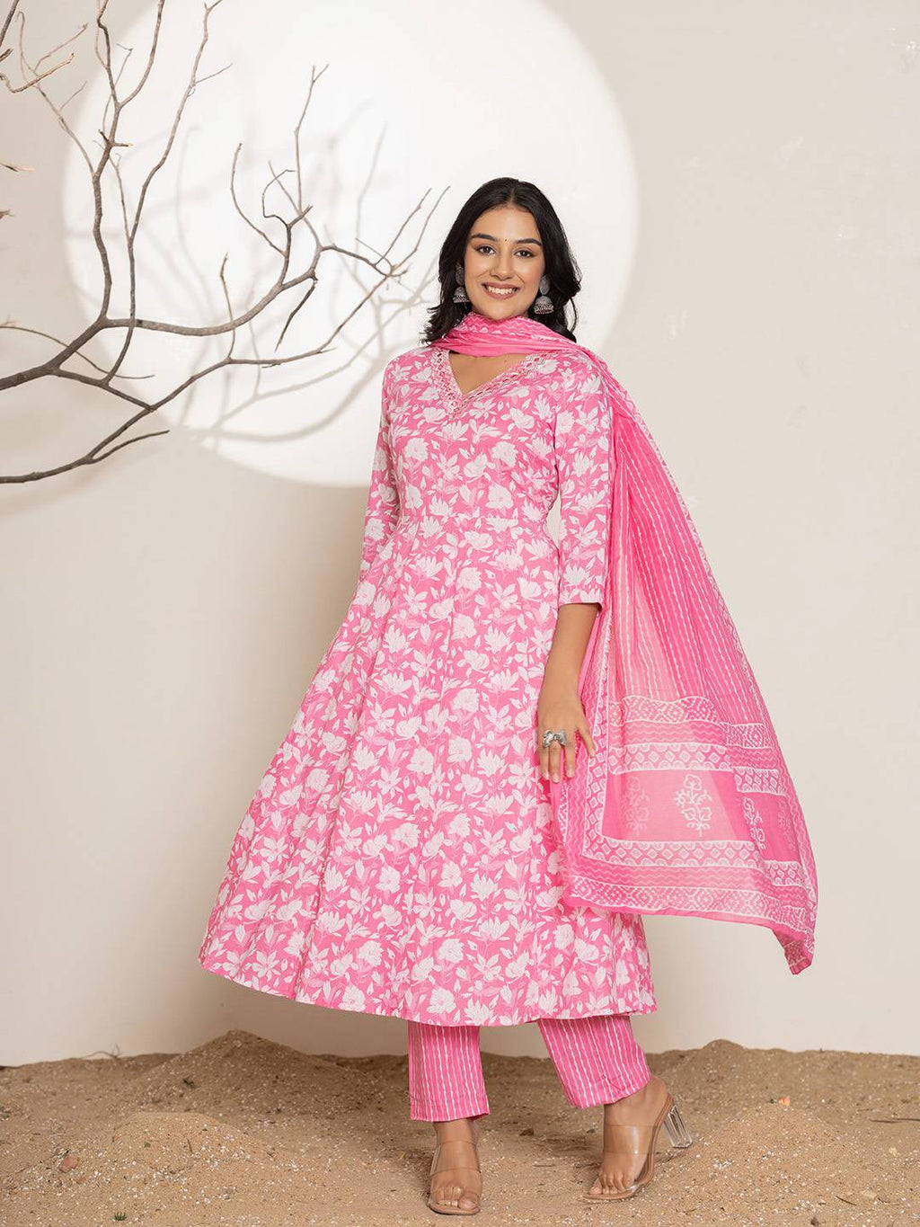 Yufta Pink Embroidery Cotton Anarkali Suit Set