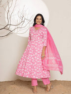 Yufta Pink Embroidery Cotton Anarkali Suit Set