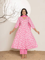 Yufta Pink Embroidery Cotton Anarkali Suit Set