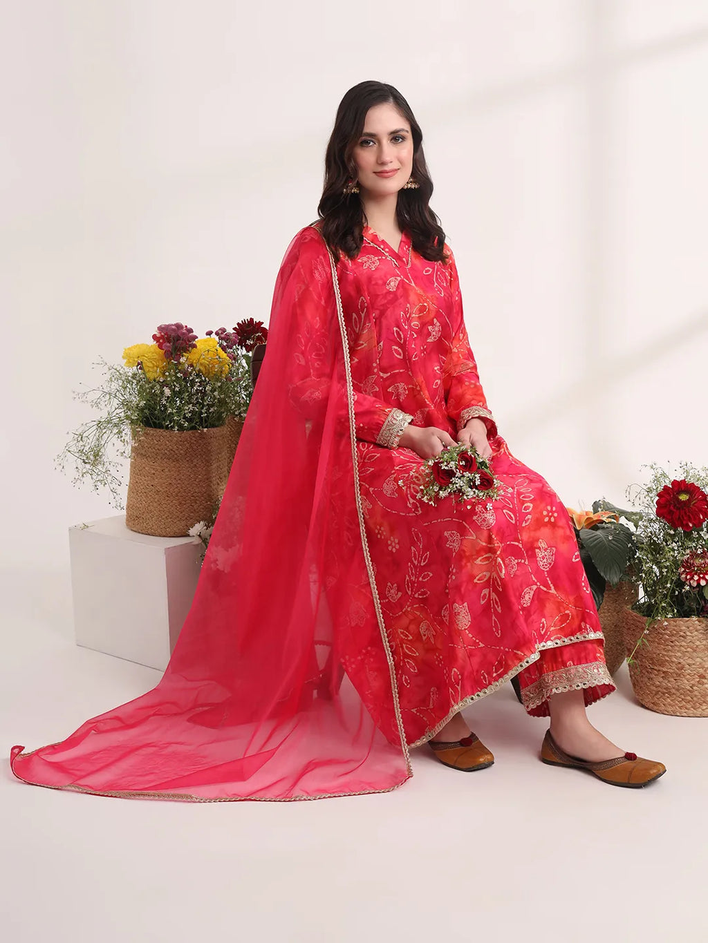 Yufta Pink Ethnic Motifs Lace Work Anarkali Kurta And Trouser With Dupatta Set - Distacart