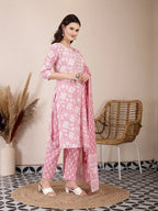 Yufta Pink Ethnic Motifs Print Straight Kurta Trouser Dupatta Set - Distacart