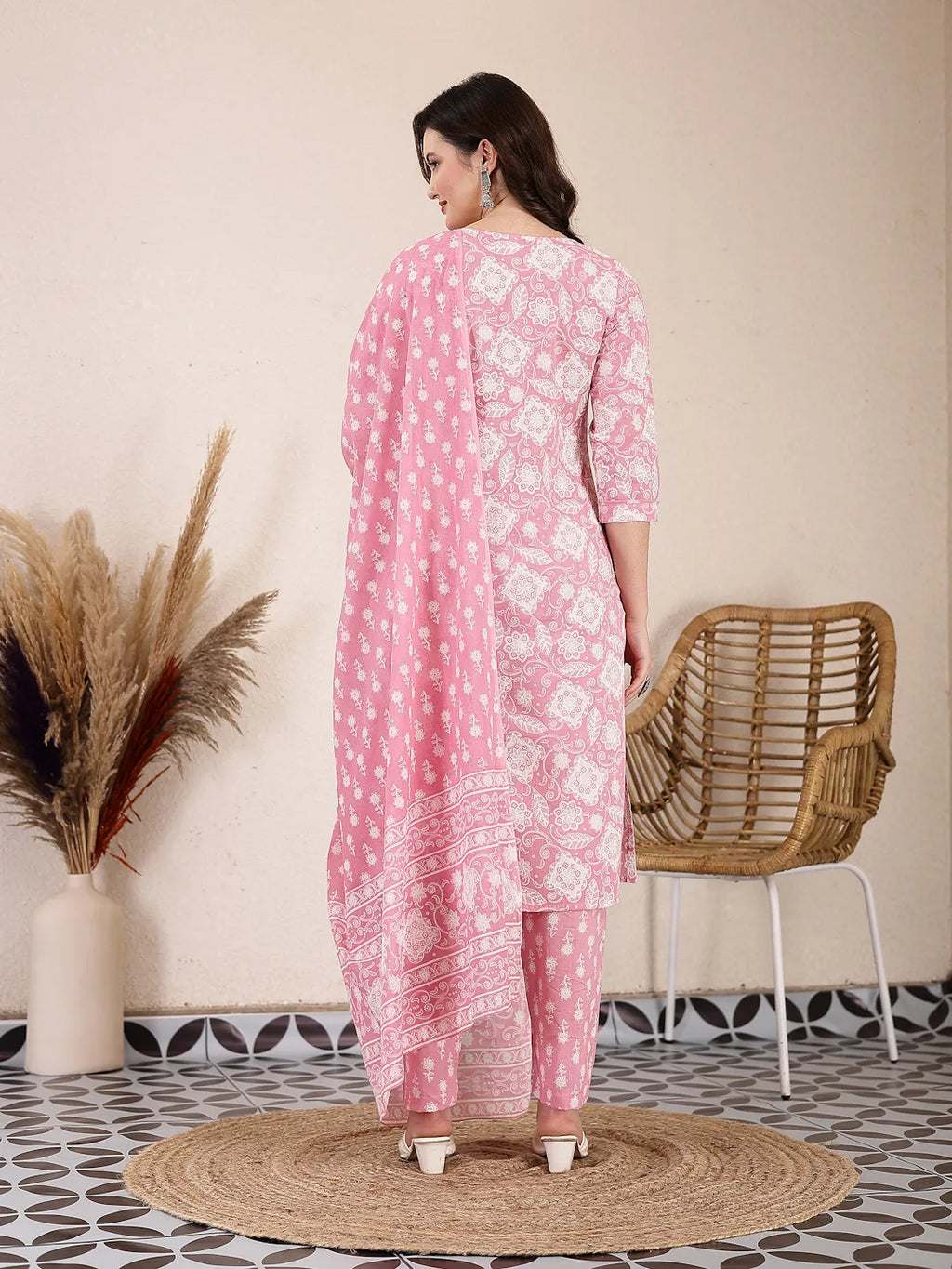 Yufta Pink Ethnic Motifs Print Straight Kurta Trouser Dupatta Set - Distacart