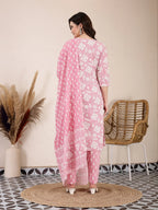 Yufta Pink Ethnic Motifs Print Straight Kurta Trouser Dupatta Set - Distacart