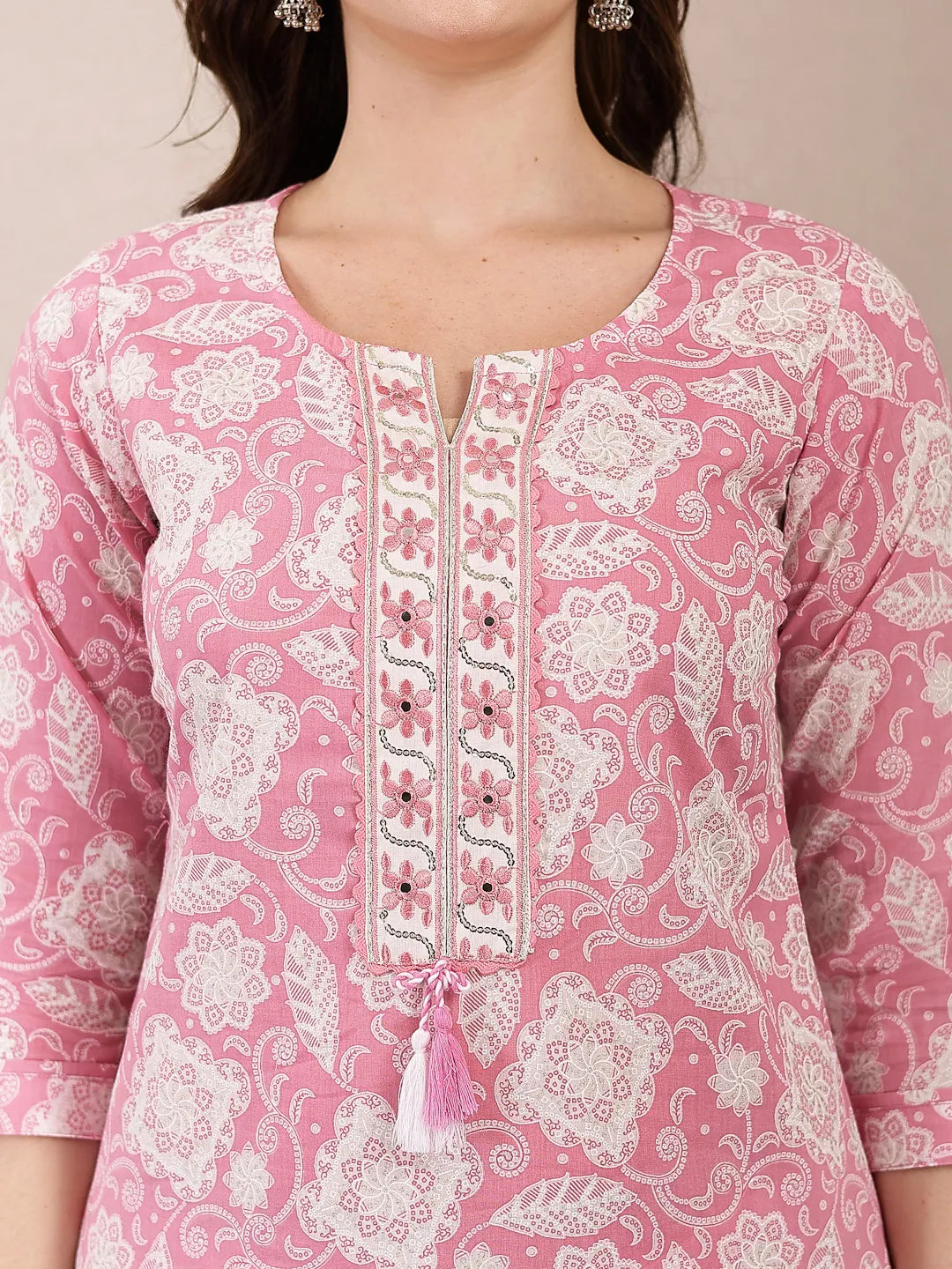 Yufta Pink Ethnic Motifs Print Straight Kurta Trouser Dupatta Set - Distacart