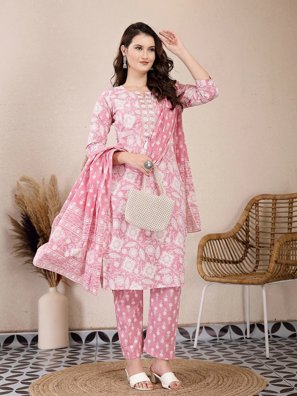 Yufta Pink Ethnic Motifs Print Straight Kurta Trouser Dupatta Set - Distacart