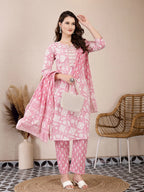 Yufta Pink Ethnic Motifs Print Straight Kurta Trouser Dupatta Set - Distacart
