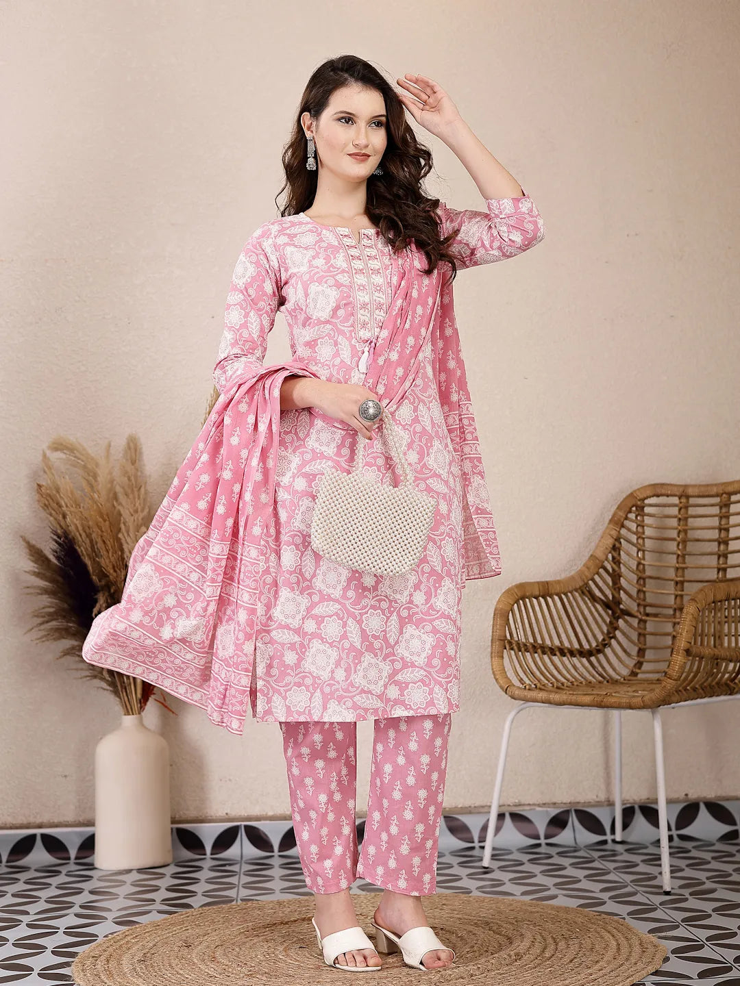 Yufta Pink Ethnic Motifs Print Straight Kurta Trouser Dupatta Set - Distacart