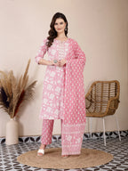 Yufta Pink Ethnic Motifs Print Straight Kurta Trouser Dupatta Set - Distacart