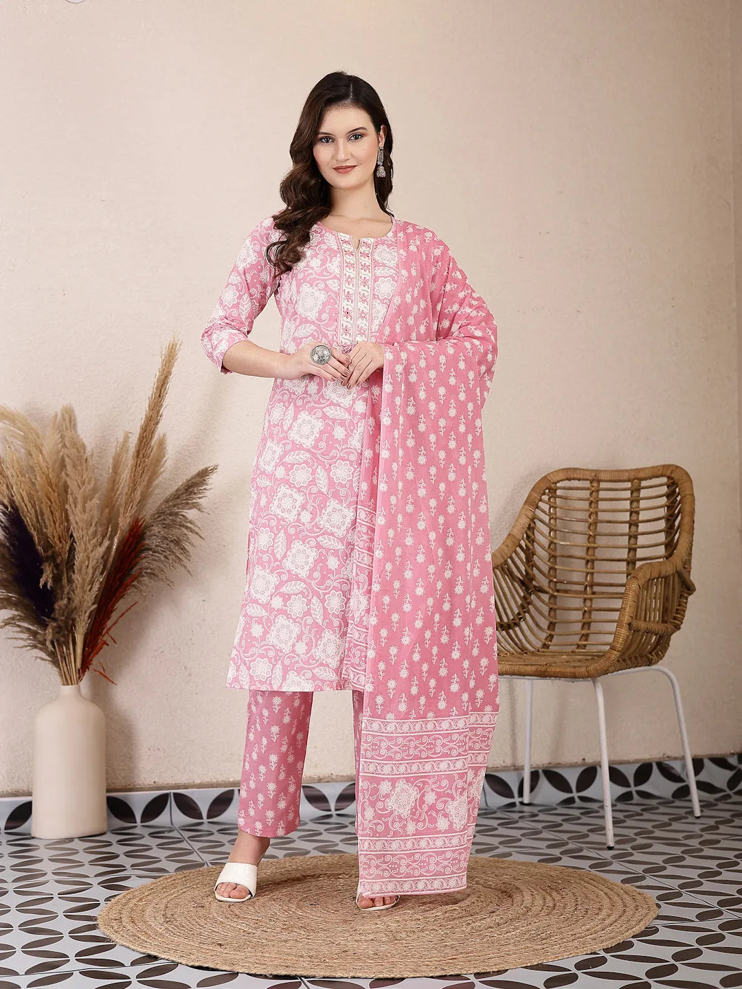 Yufta Pink Ethnic Motifs Print Straight Kurta Trouser Dupatta Set - Distacart