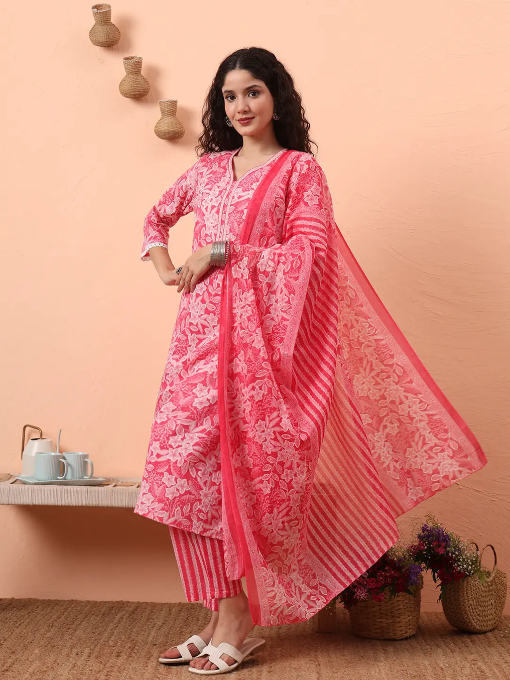 Yufta Pink Ethnic Motifs Pure Cotton Straight Kurta Pant Set