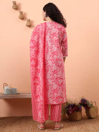 Yufta Pink Ethnic Motifs Pure Cotton Straight Kurta Pant Set