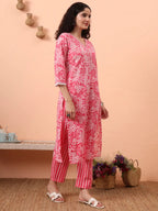 Yufta Pink Ethnic Motifs Pure Cotton Straight Kurta Pant Set