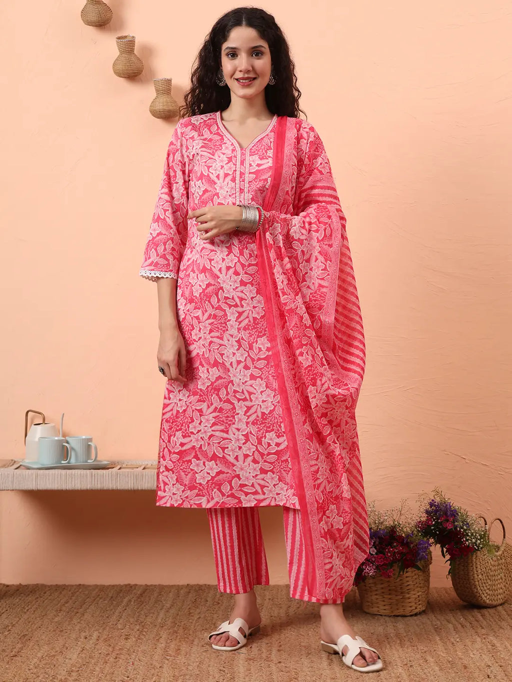 Yufta Pink Ethnic Motifs Pure Cotton Straight Kurta Pant Set