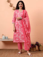 Yufta Pink Ethnic Motifs Pure Cotton Straight Kurta Pant Set