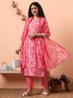 Yufta Pink Ethnic Motifs Pure Cotton Straight Kurta Pant Set