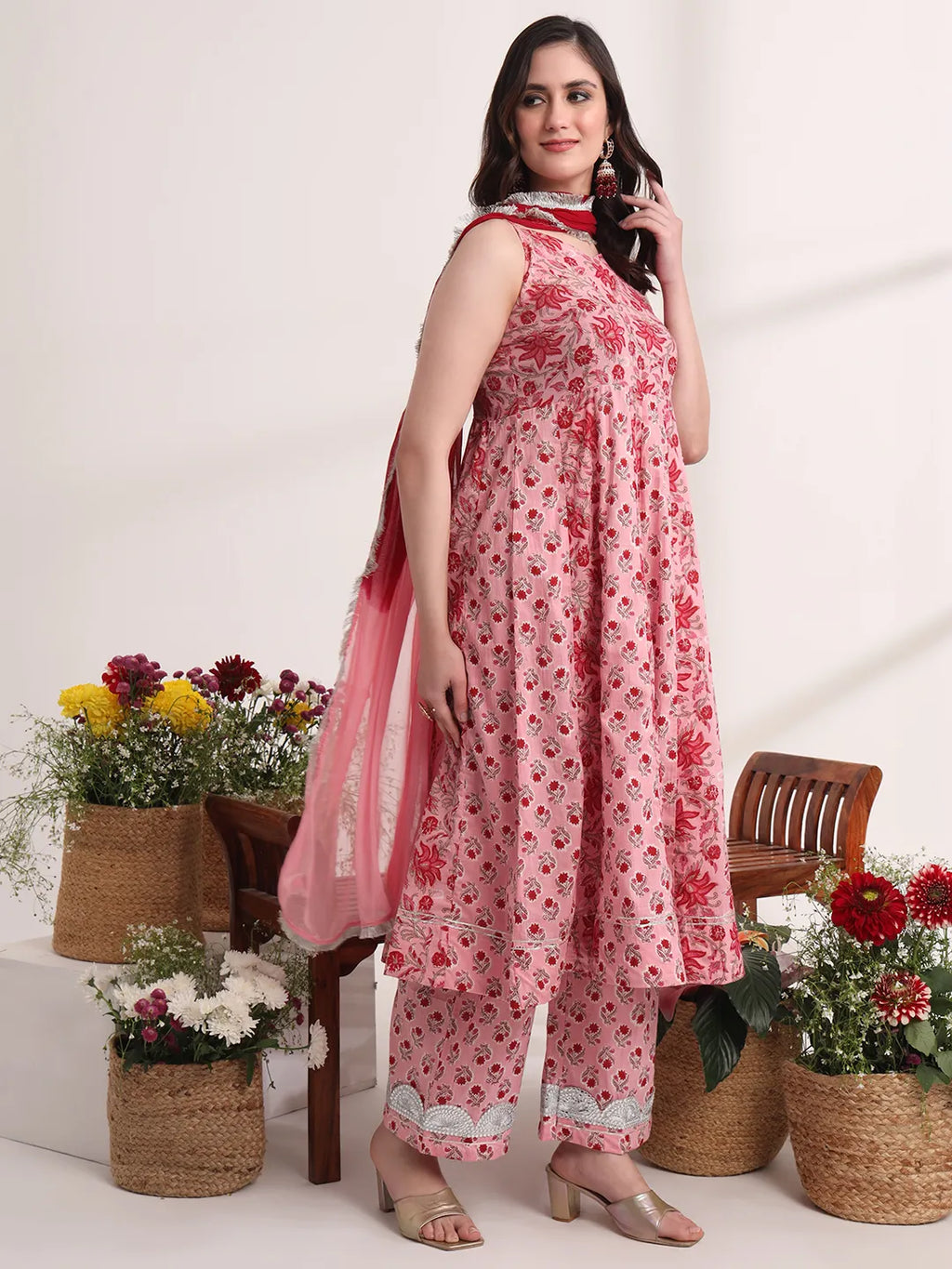 Yufta Pink Floral Print Anarkali Kurta And Trouser With Dupatta Set