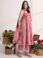 Yufta Pink Floral Print Anarkali Kurta And Trouser With Dupatta Set