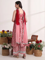 Yufta Pink Floral Print Anarkali Kurta And Trouser With Dupatta Set