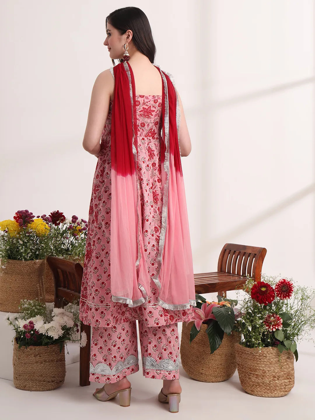 Yufta Pink Floral Print Anarkali Kurta And Trouser With Dupatta Set