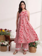 Yufta Pink Floral Print Anarkali Kurta And Trouser With Dupatta Set