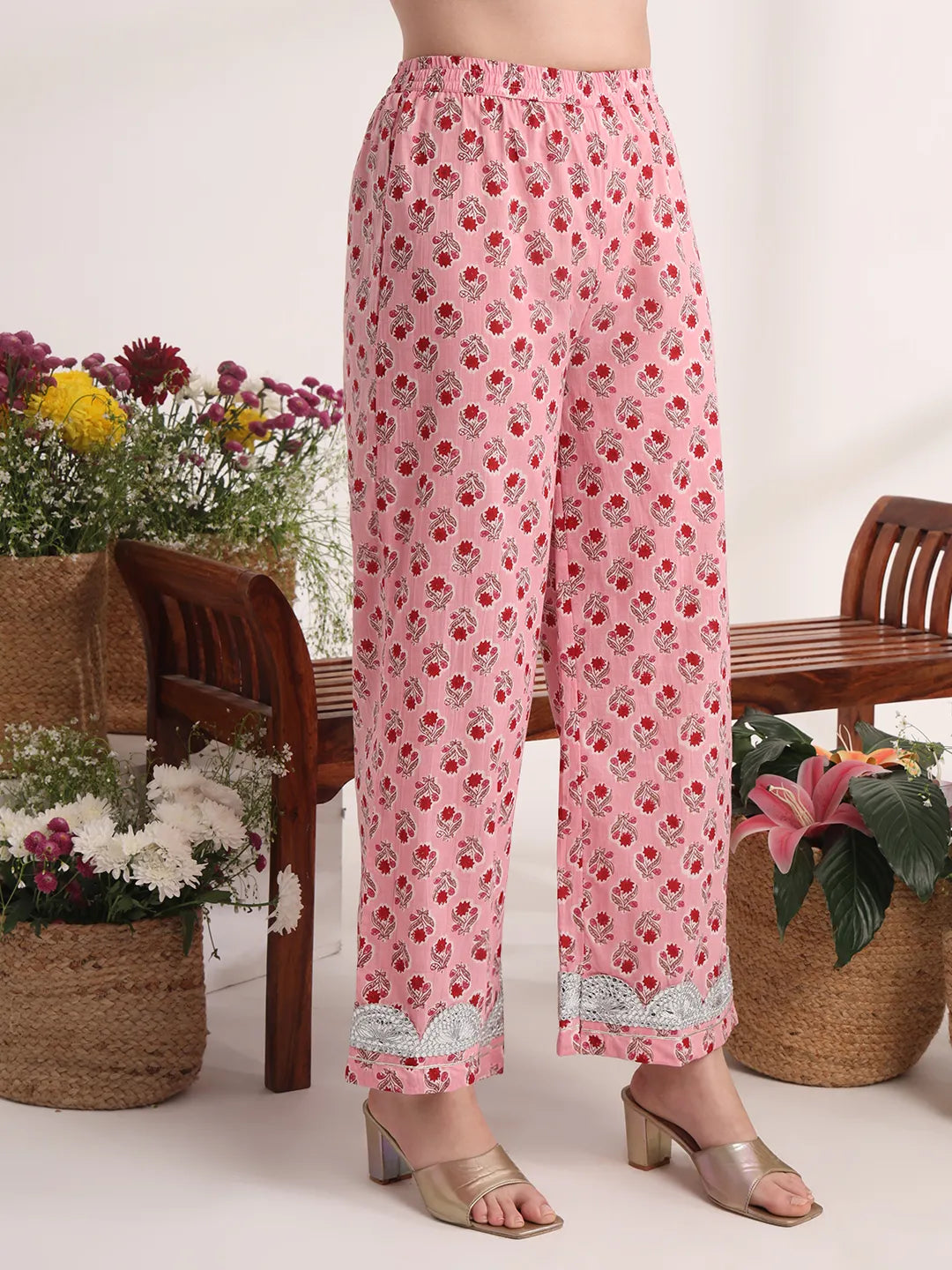 Yufta Pink Floral Print Anarkali Kurta And Trouser With Dupatta Set