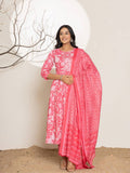 Yufta Pink Floral Print Embroidery Cotton Anarkali Suit Set