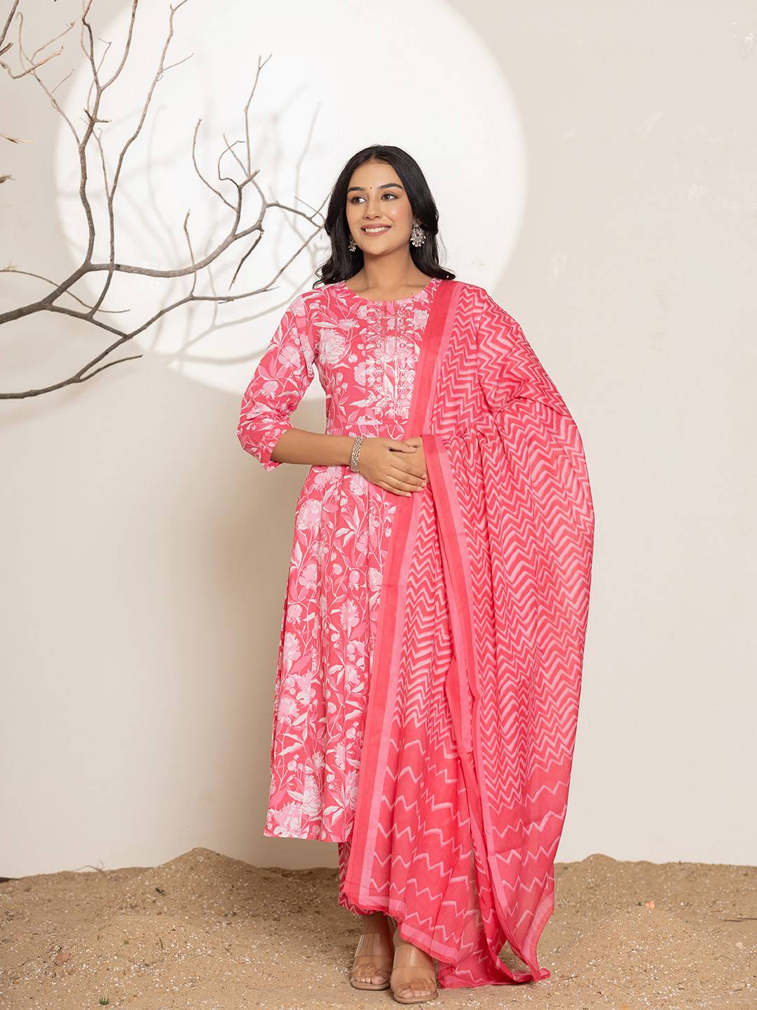 Yufta Pink Floral Print Embroidery Cotton Anarkali Suit Set