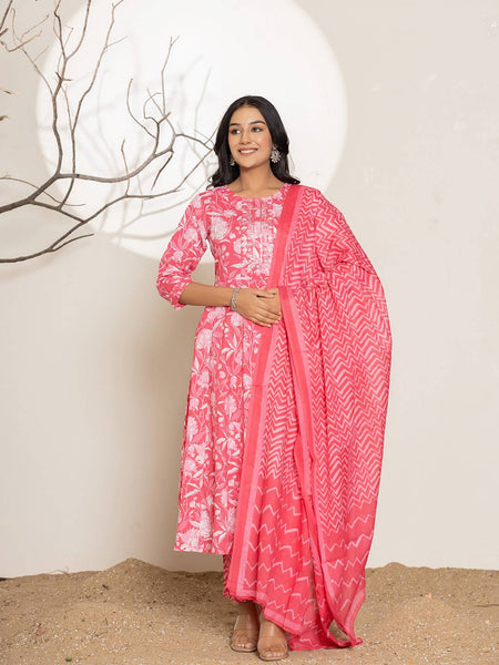 Yufta Pink Floral Print Embroidery Cotton Anarkali Suit Set