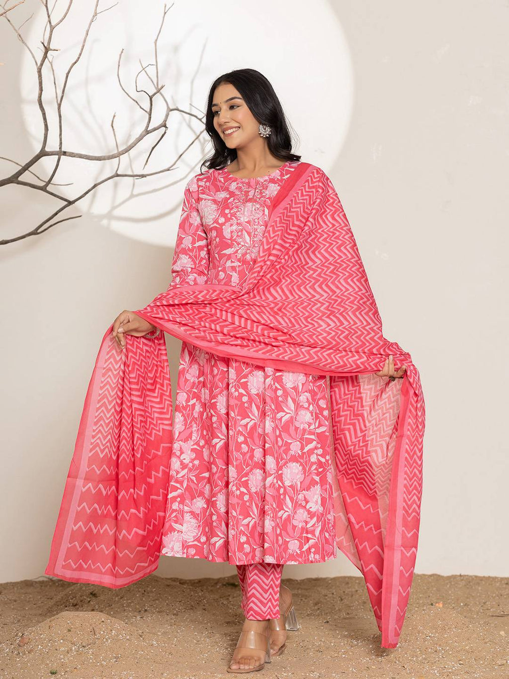 Yufta Pink Floral Print Embroidery Cotton Anarkali Suit Set