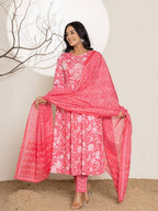 Yufta Pink Floral Print Embroidery Cotton Anarkali Suit Set