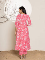 Yufta Pink Floral Print Embroidery Cotton Anarkali Suit Set