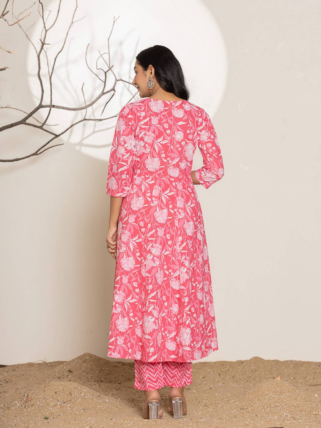Yufta Pink Floral Print Embroidery Cotton Anarkali Suit Set