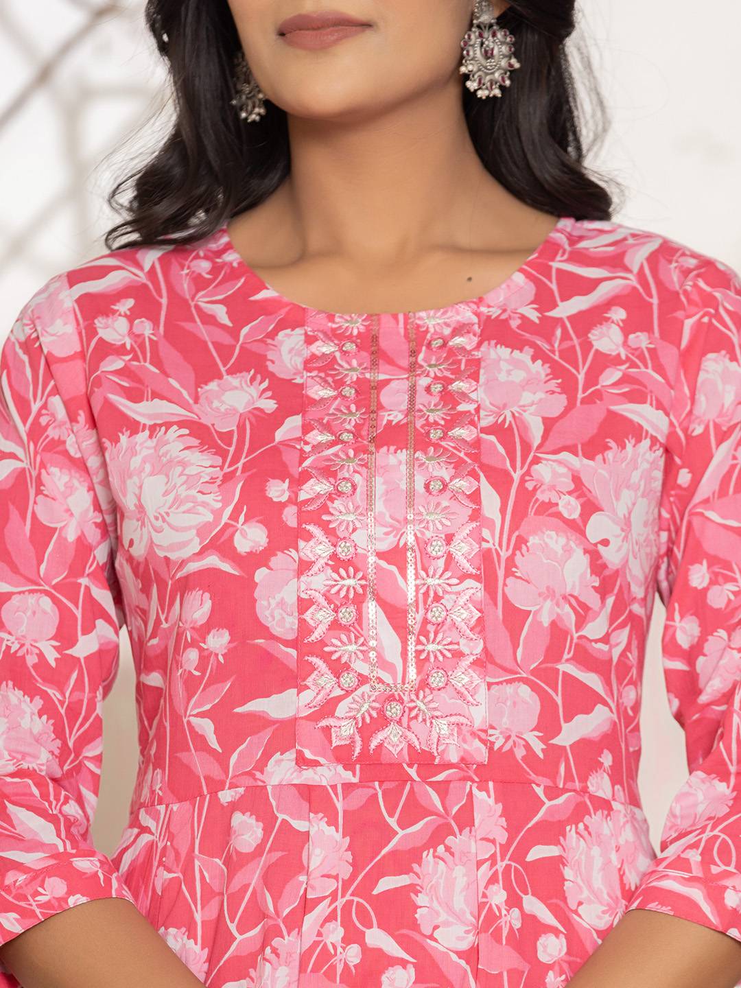Yufta Pink Floral Print Embroidery Cotton Anarkali Suit Set