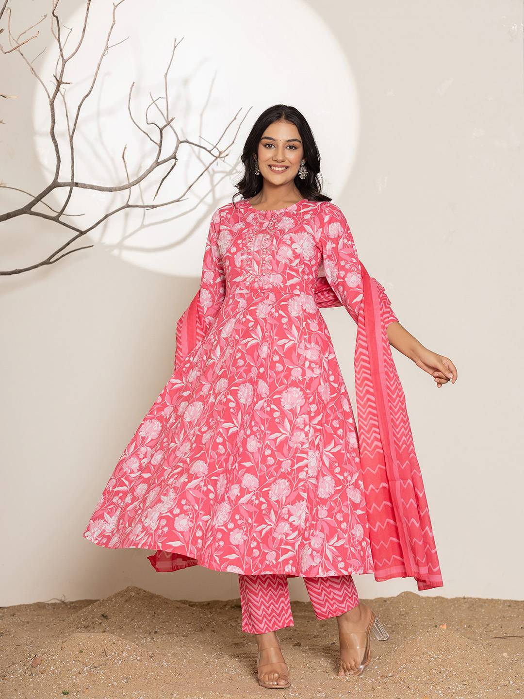 Yufta Pink Floral Print Embroidery Cotton Anarkali Suit Set