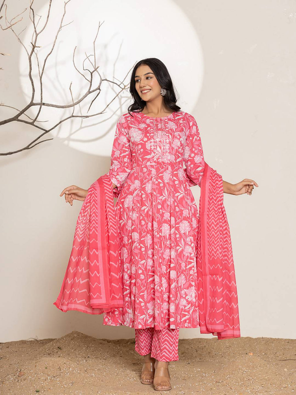 Yufta Pink Floral Print Embroidery Cotton Anarkali Suit Set