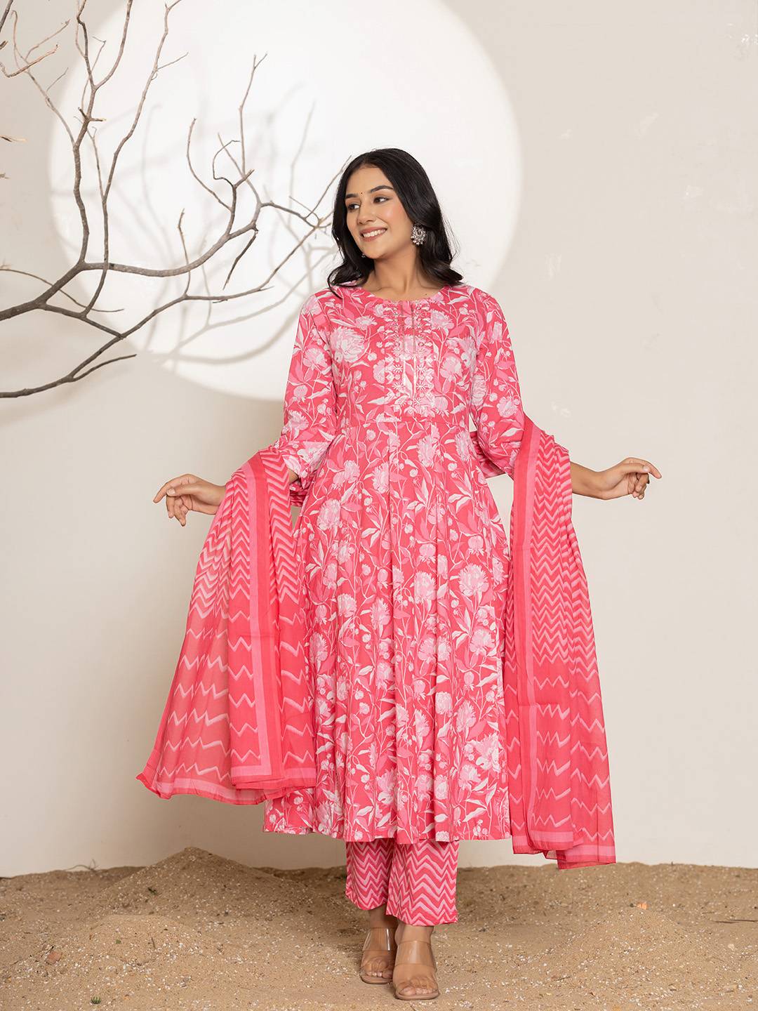 Yufta Pink Floral Print Embroidery Cotton Anarkali Suit Set