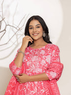 Yufta Pink Floral Print Embroidery Cotton Anarkali Suit Set