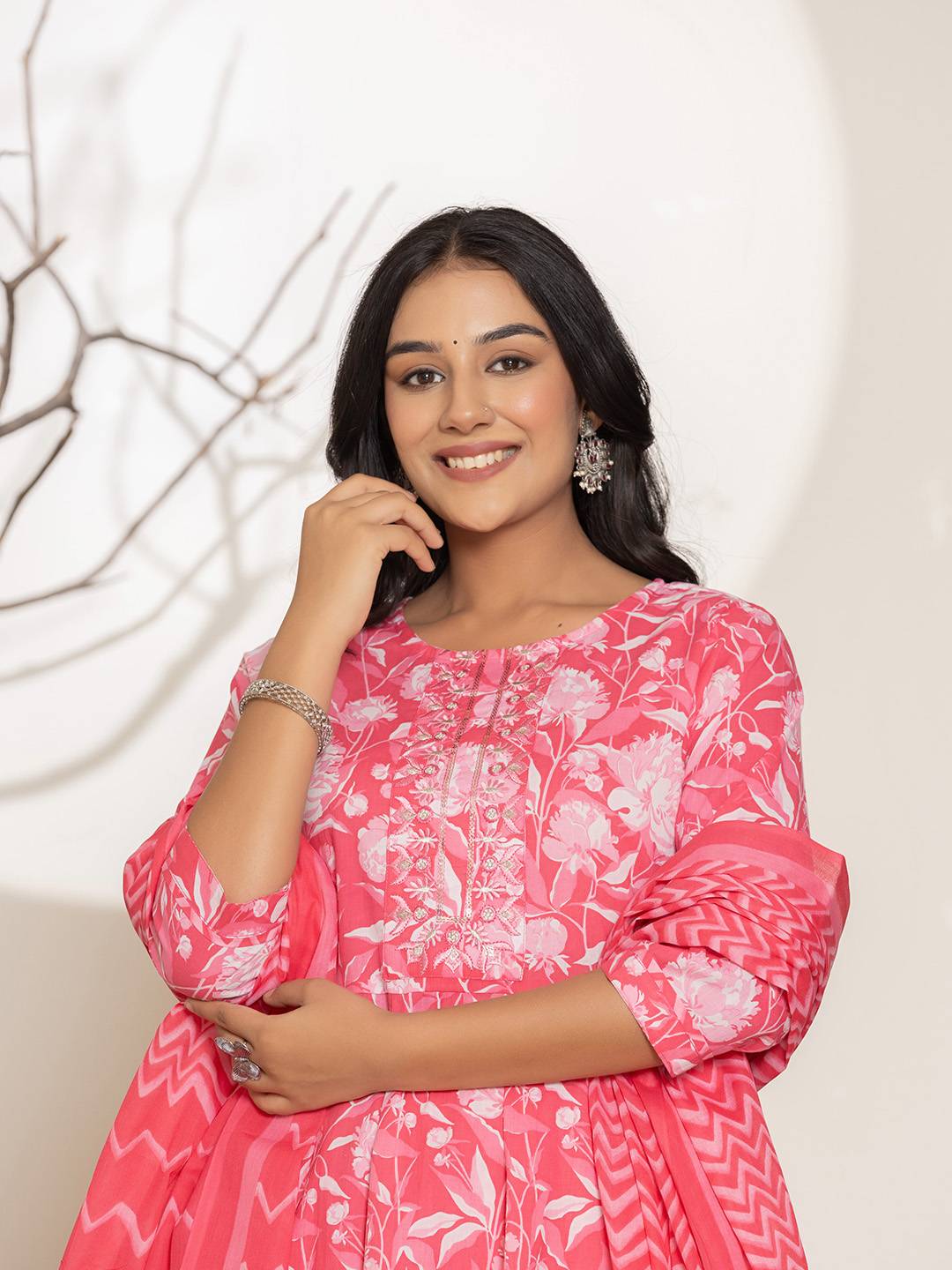 Yufta Pink Floral Print Embroidery Cotton Anarkali Suit Set