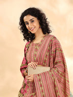 Yufta Pink Floral Print Sequins Work Anarkali Kurta And Trouser With Dupatta Set - Distacart